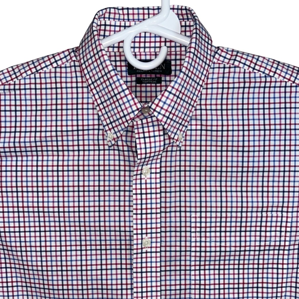 Lauren Ralph Lauren Mens Classic Fit Non-Iron Shirt Navy Red White Large